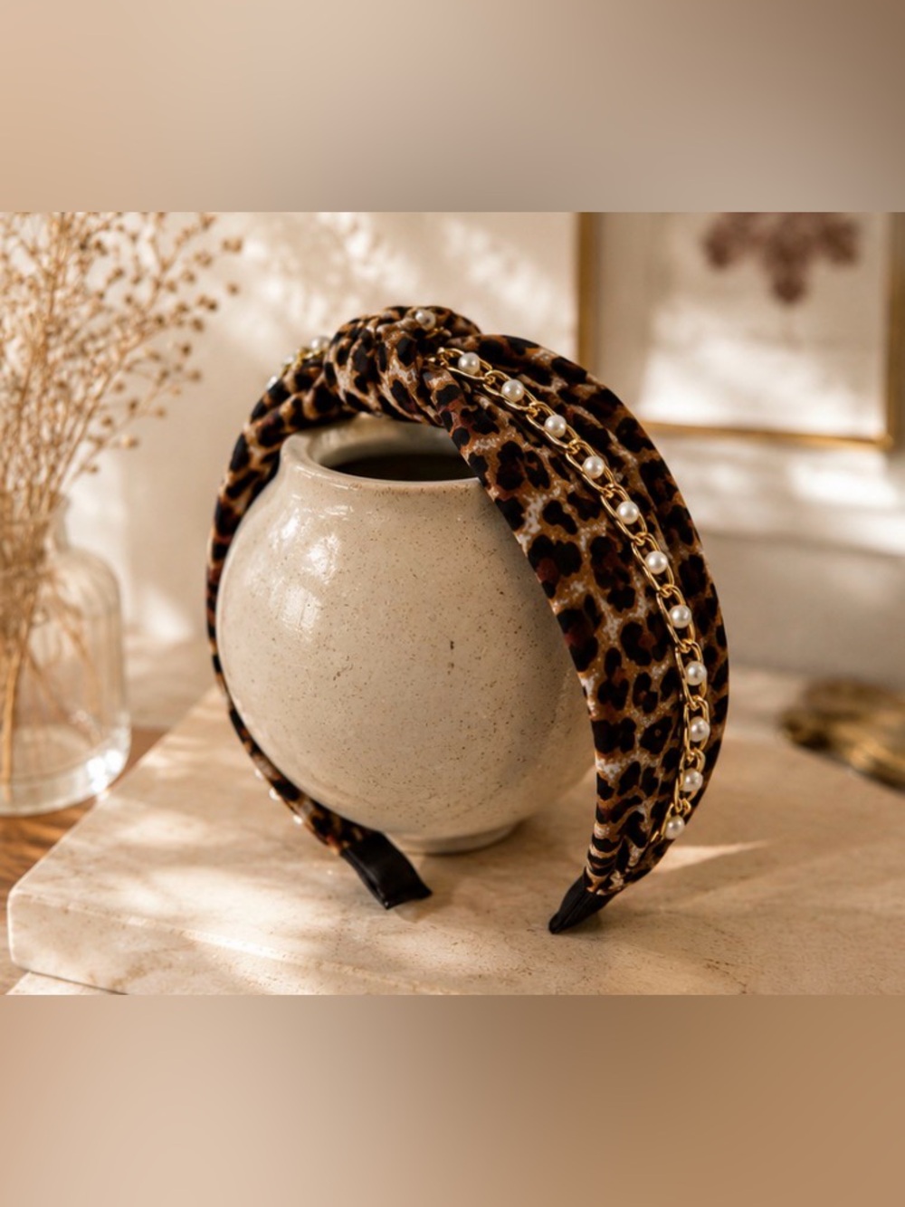 Leopard Print Pearl & Gold Chain Knotted Headband Boutique Statement Y2K Boho